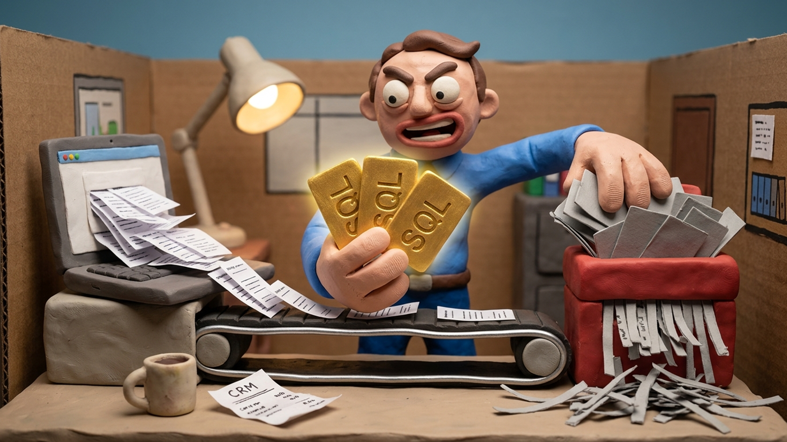 Clay figure feeding junk paper forms into a shredder while keeping gold qualified lead cards