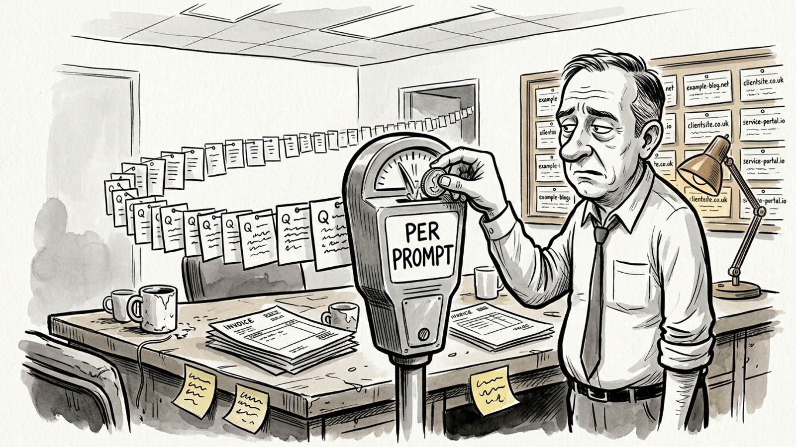 Parking meter charging a shopkeeper for each question, illustrating per-prompt pricing