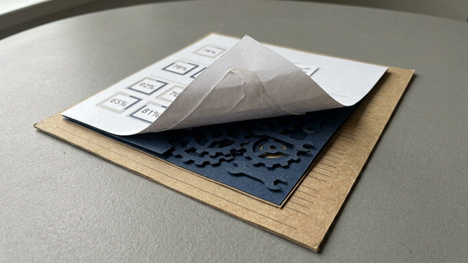 Paper craft layers showing reporting stacked above fixing work