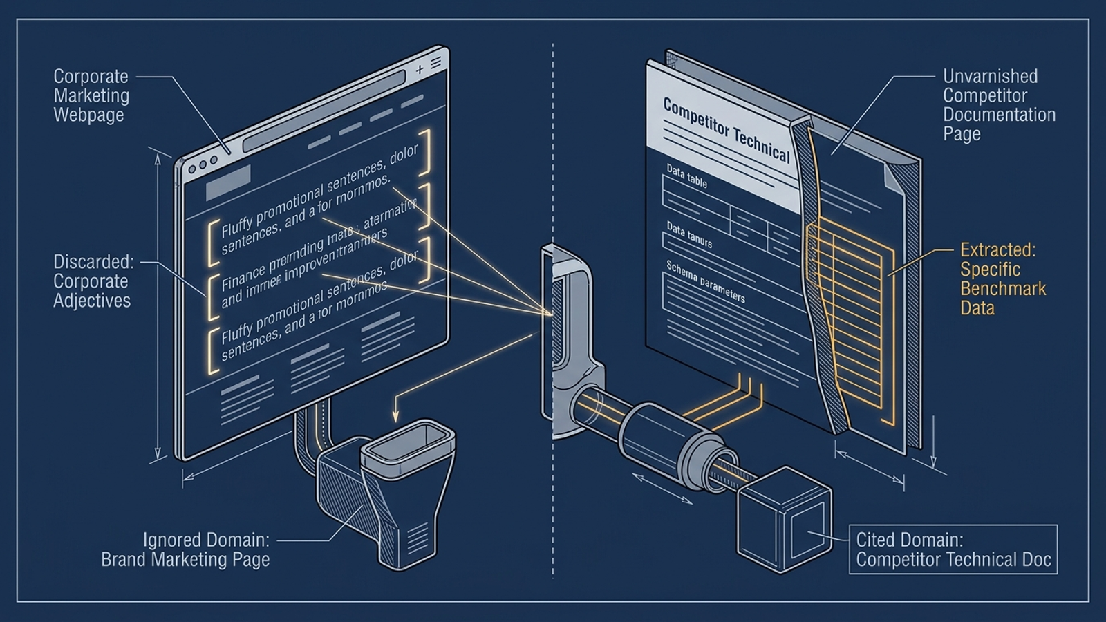 Cutaway diagram showing an AI engine drawing specific facts from a technical page instead of vague marketing copy.
