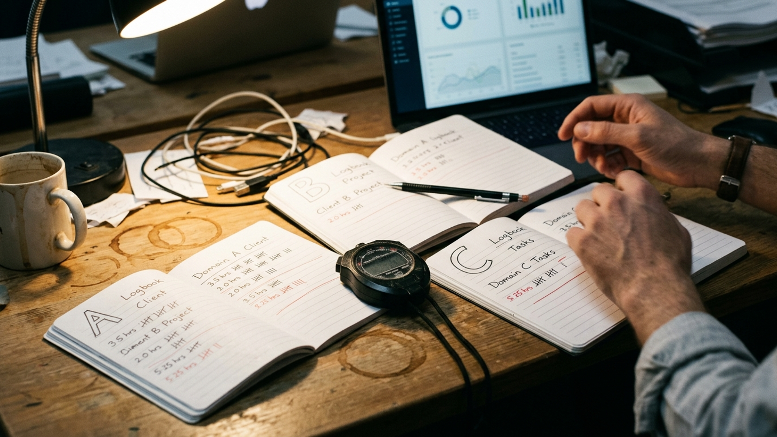 Three client test logs beside a stopwatch for recording staff hours