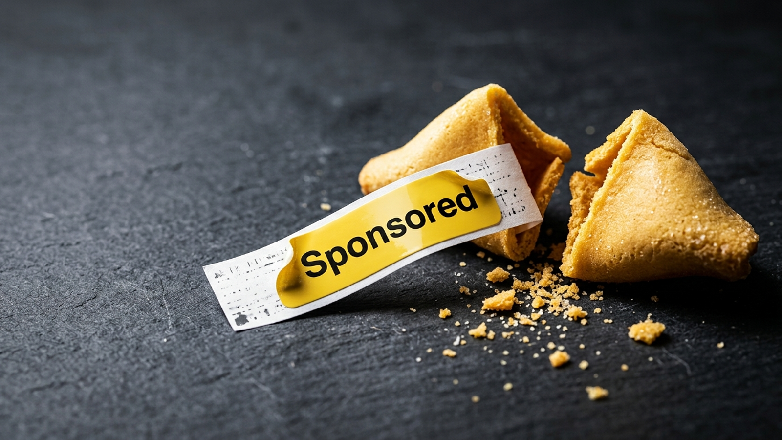 A cracked fortune cookie whose paper fortune is almost fully covered by a glossy yellow "Sponsored" label, leaving only a tiny scrap of plain text.