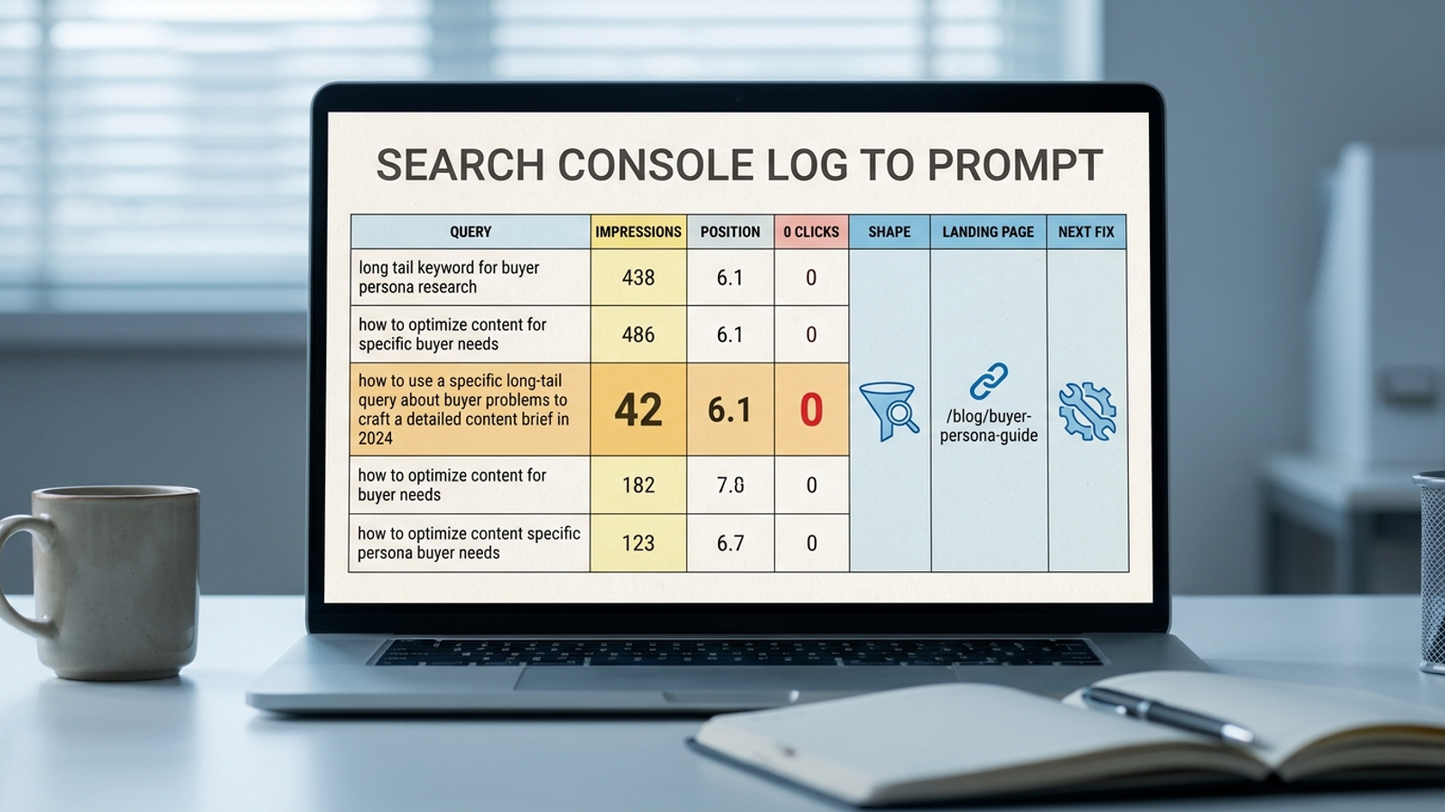 Spreadsheet with long buyer prompts highlighted next to Search Console metrics