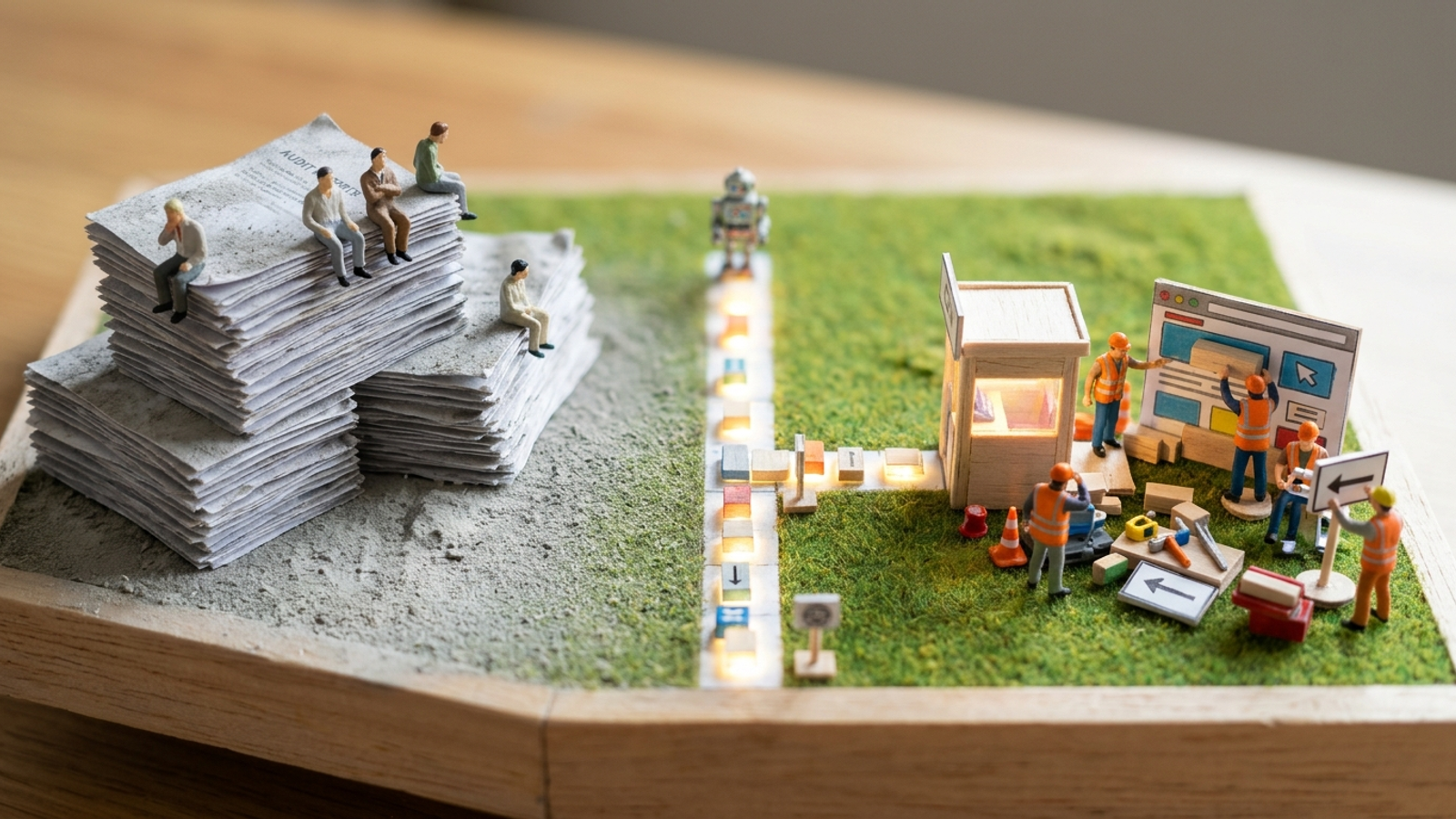 Tiny workers fixing a website at the edge while an audit report gathers dust