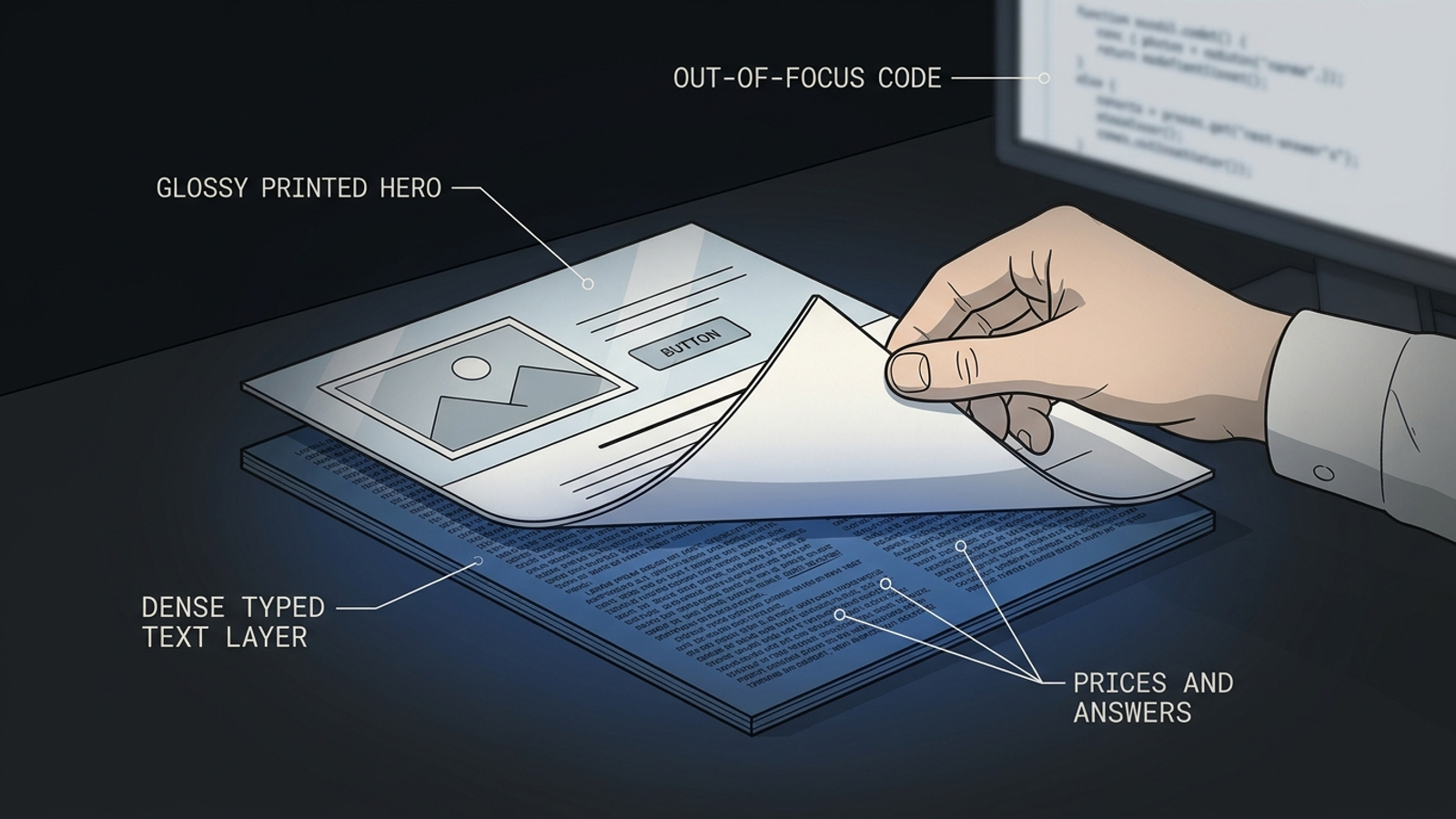 Cutaway diagram showing a quotable text layer beneath a PPC landing page