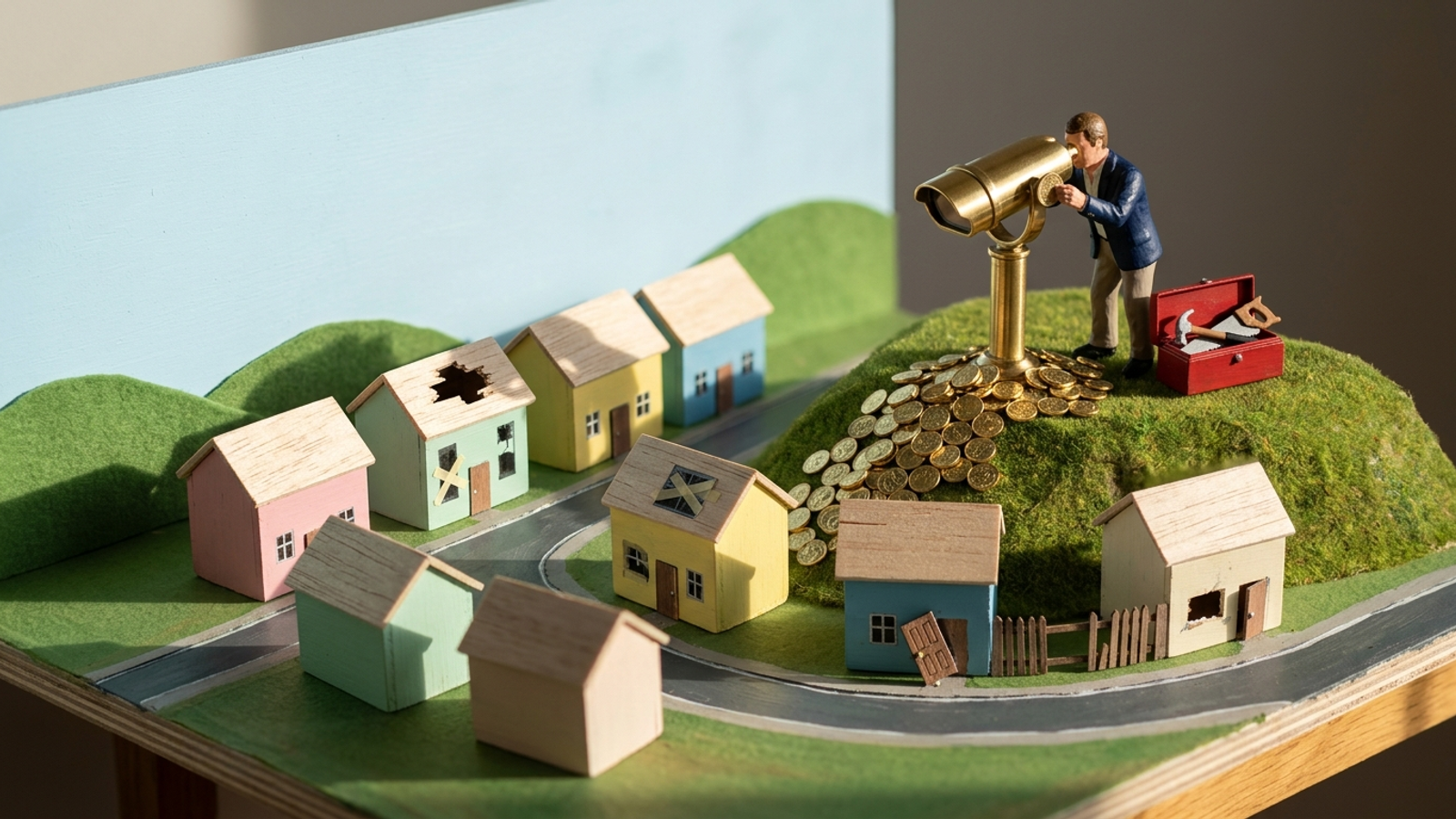A tiny man on a model hill keeps feeding coins into a tourist viewer to watch broken houses below, his toolbox unused beside a growing coin pile.