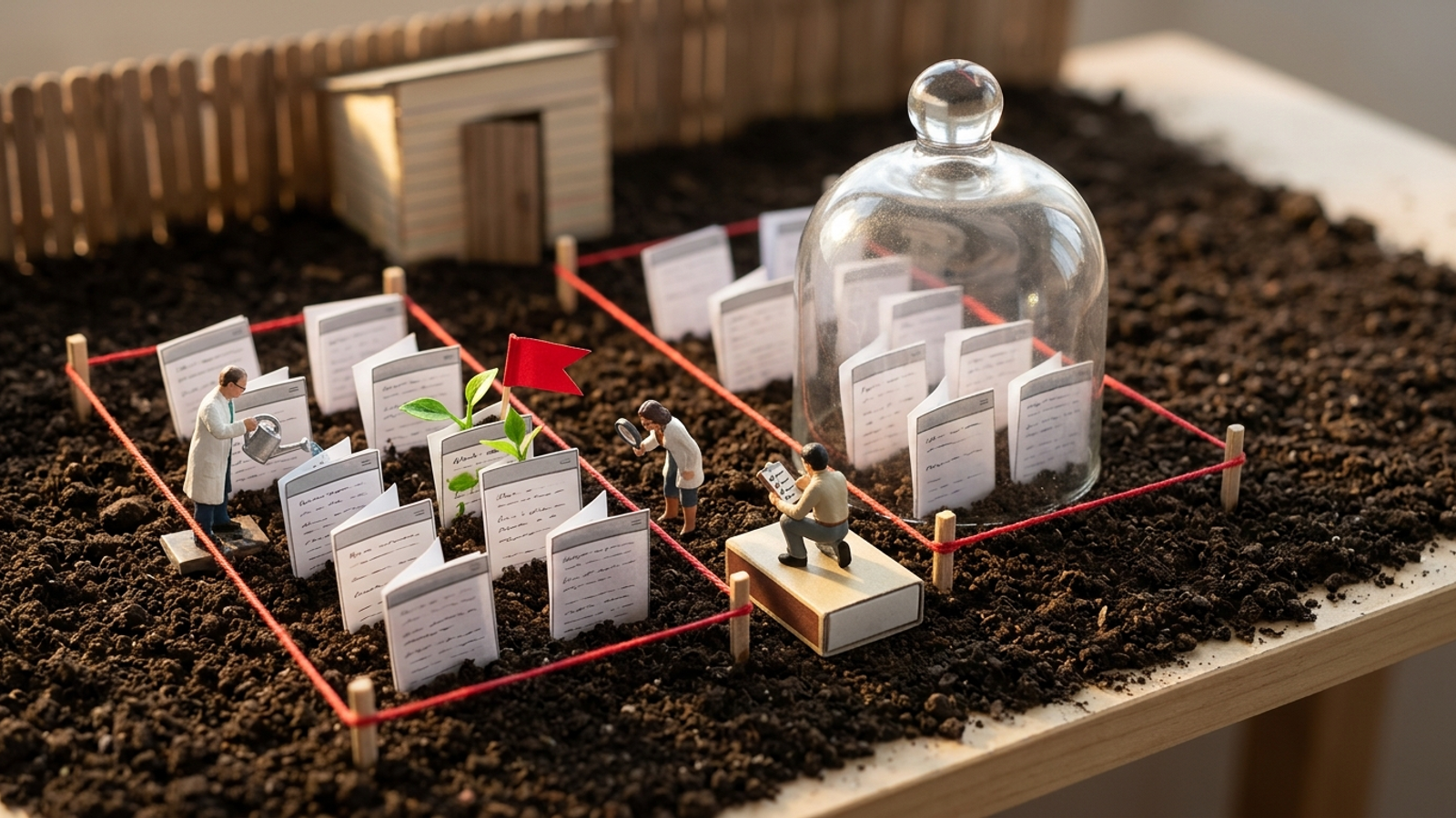 Tiny researchers tend a plot of paper web pages while a matched plot sits untouched under a glass cloche, a field trial as a holdout test.