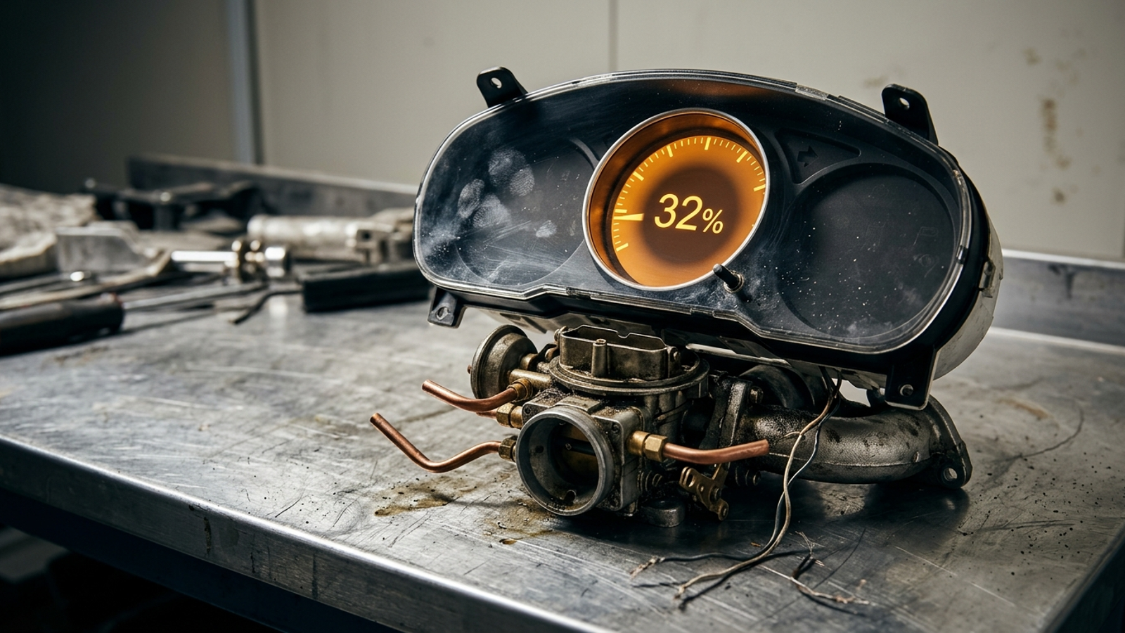 An instrument cluster shows 32 percent above an exposed engine with disconnected lines.