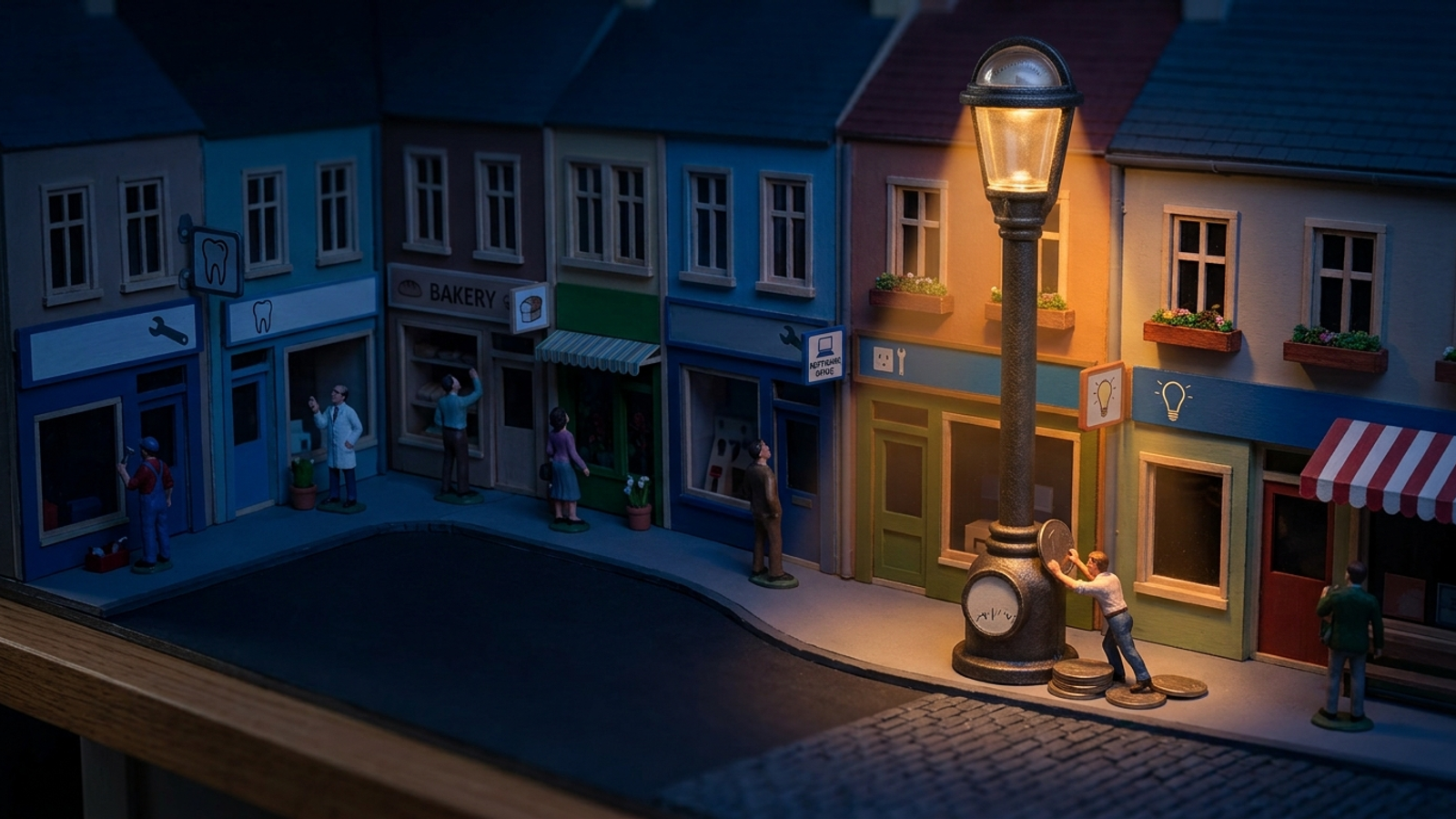 Model street of ten shops at night where a coin-fed streetlamp lights only two, as a tiny man strains to push in a giant coin to see more.