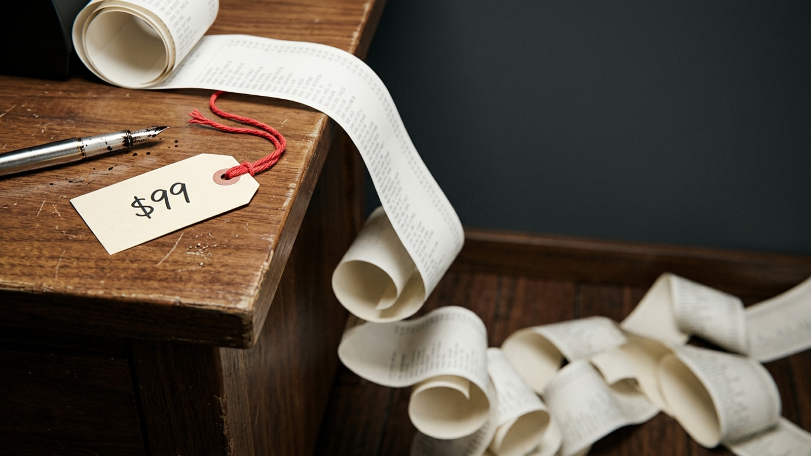 A tiny $99 price tag tied to a gigantic receipt spilling off a desk onto the floor, showing the subscription is the smallest part of the real cost.