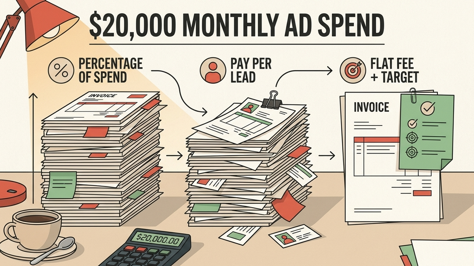 Infographic comparing three Google Ads fee stacks on the same $20k ad spend