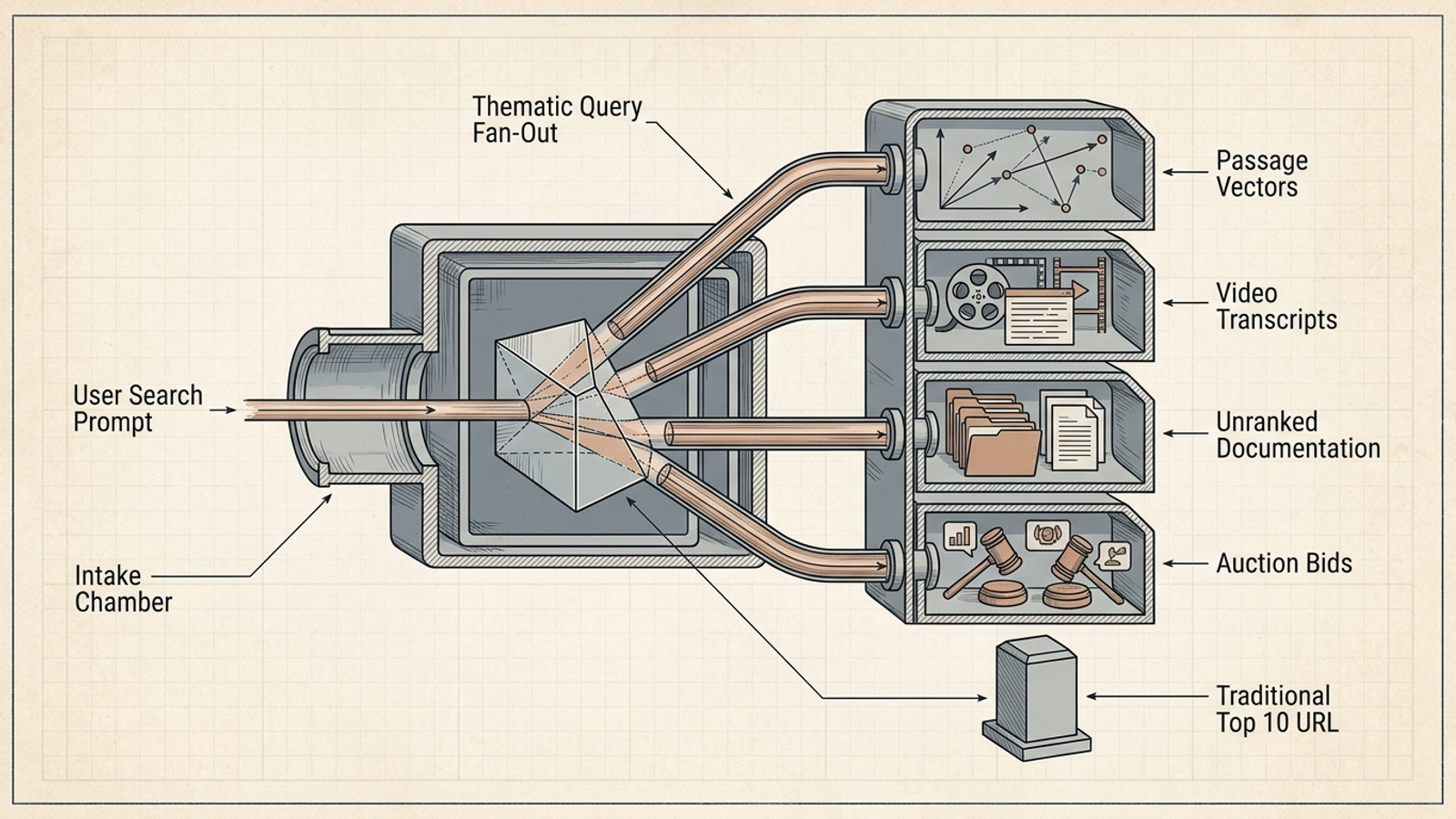 Technical cutaway showing a search prompt branching into related questions and retrieving passages and video transcripts.