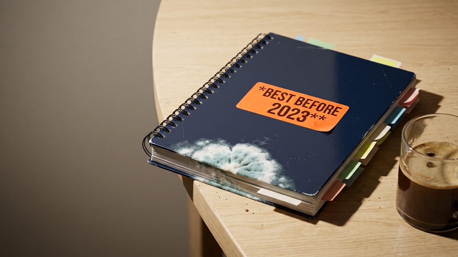 A spiral-bound marketing playbook with a 'BEST BEFORE 2023' sticker and mould on its corner, suggesting the search advice inside has expired.