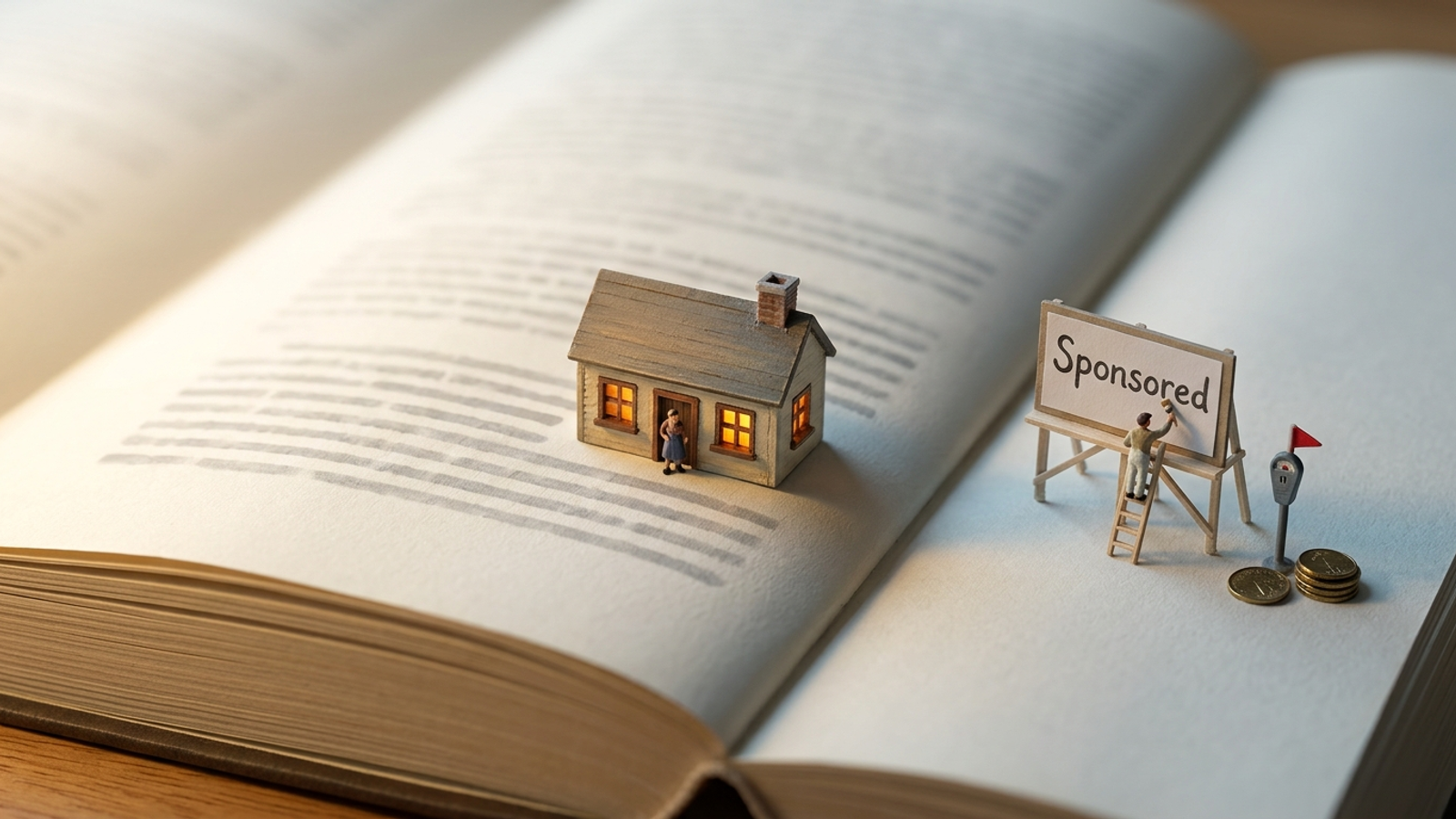 Miniature open book where a lit cottage is built inside a paragraph while a rented 'Sponsored' billboard and parking meter sit in the margin.