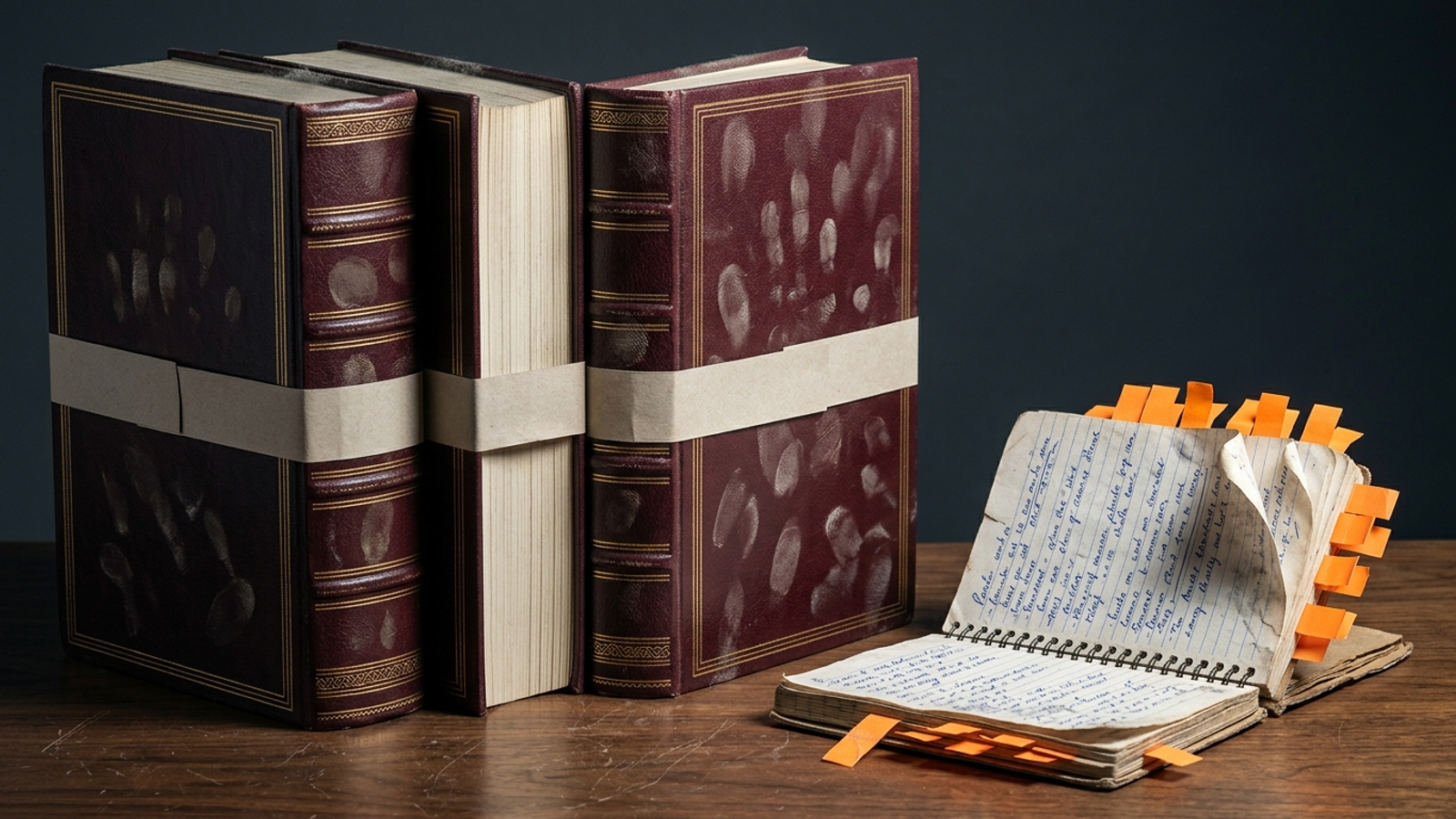 Three huge fingerprinted encyclopedias sit sealed and unread beside a small worn notebook bristling with orange tabs, the one actually being used.