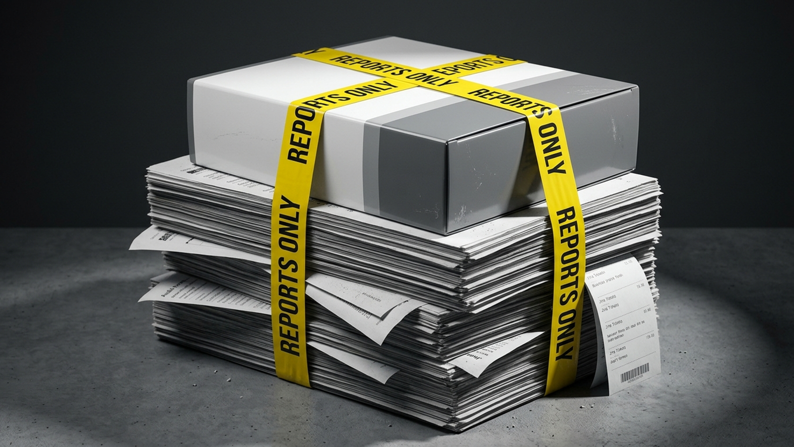 An unopened software box wrapped in caution tape rests on a stack of unread tickets.