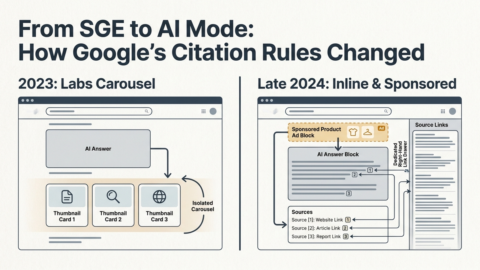 The SGE source carousel beside a later AI Overview layout with more prominent links and a sponsored placement.