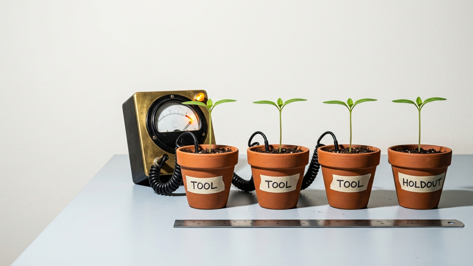 Four identical seedlings in pots, three wired to a gadget with a maxed-out gauge and one labelled holdout, all grown to exactly the same height.