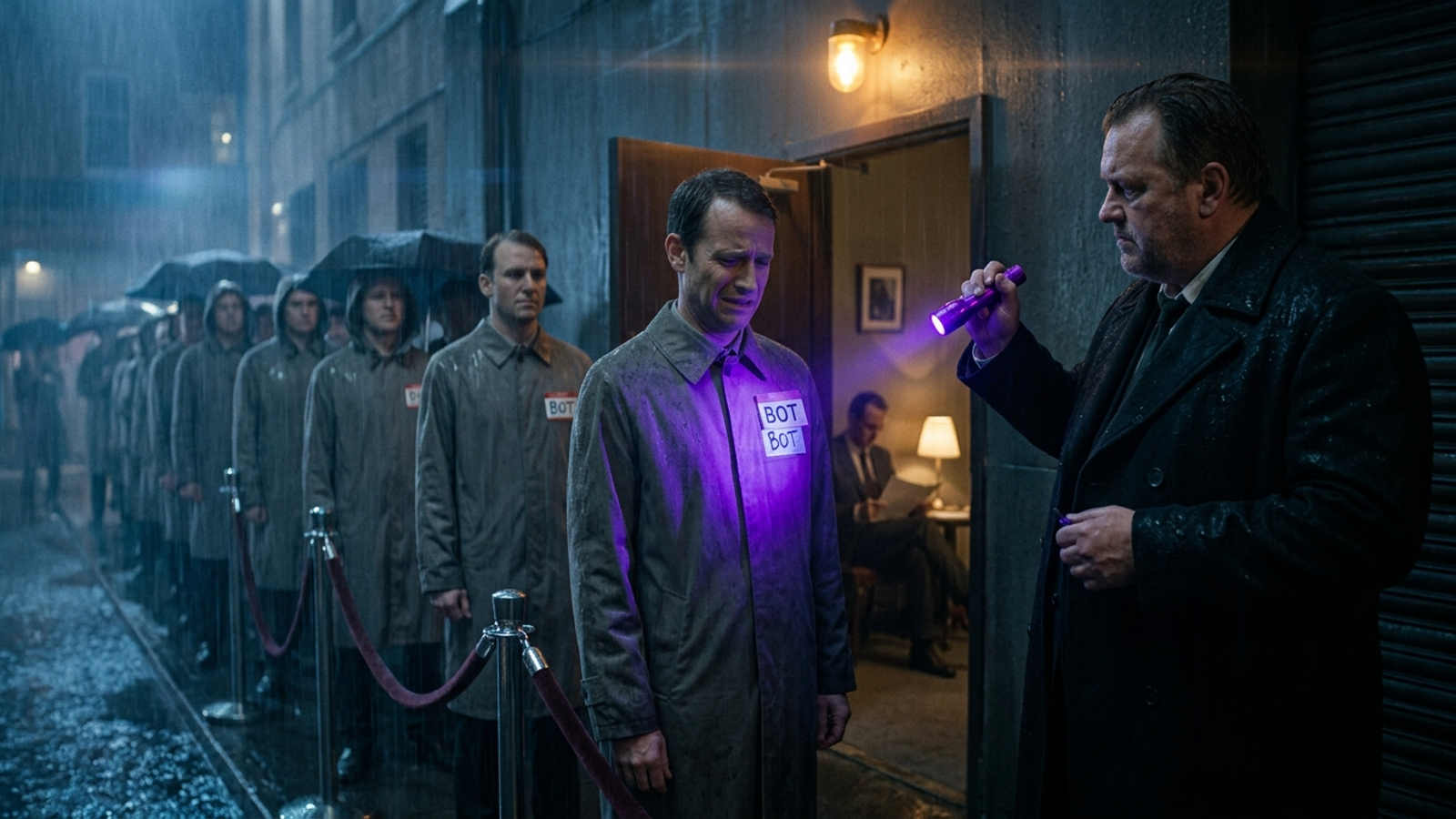 A bouncer's UV torch exposes a forged 'BOT' name tag while a long queue of identical 'BOT' guests waits in the rain, suggesting most bot hits are fakes.
