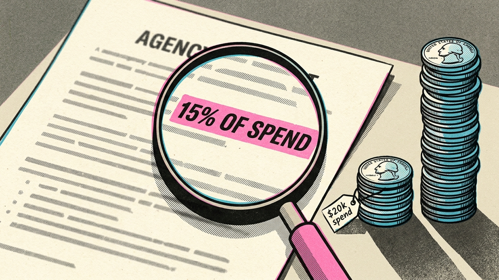 A magnifying glass over the fee clause of an advertising contract