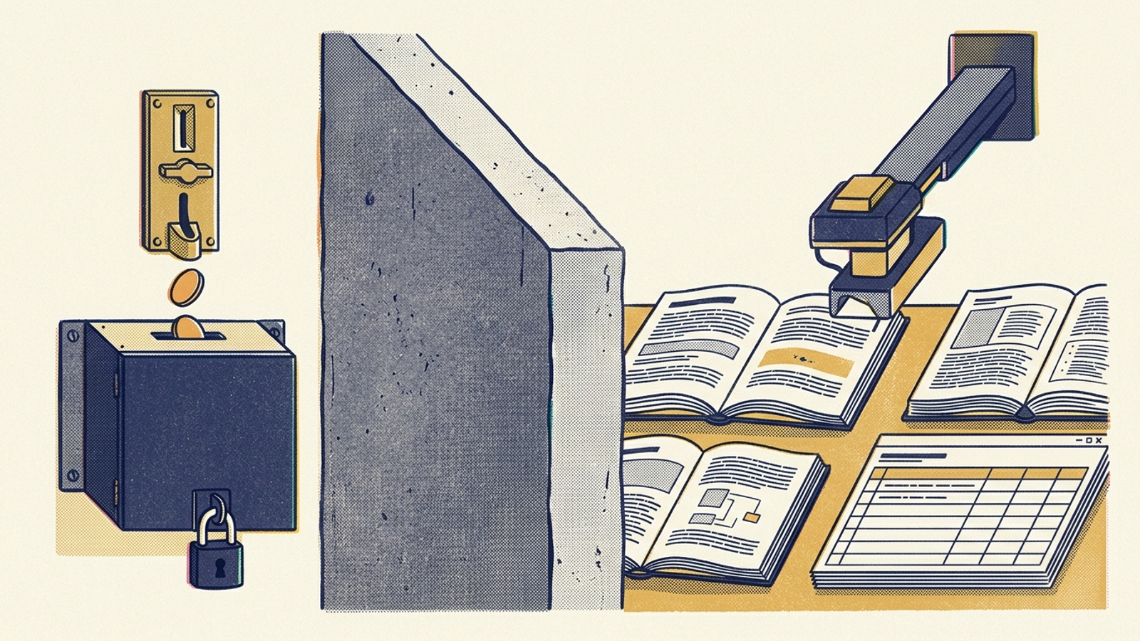 Illustration of a paid toll slot separated by a wall from a research desk.