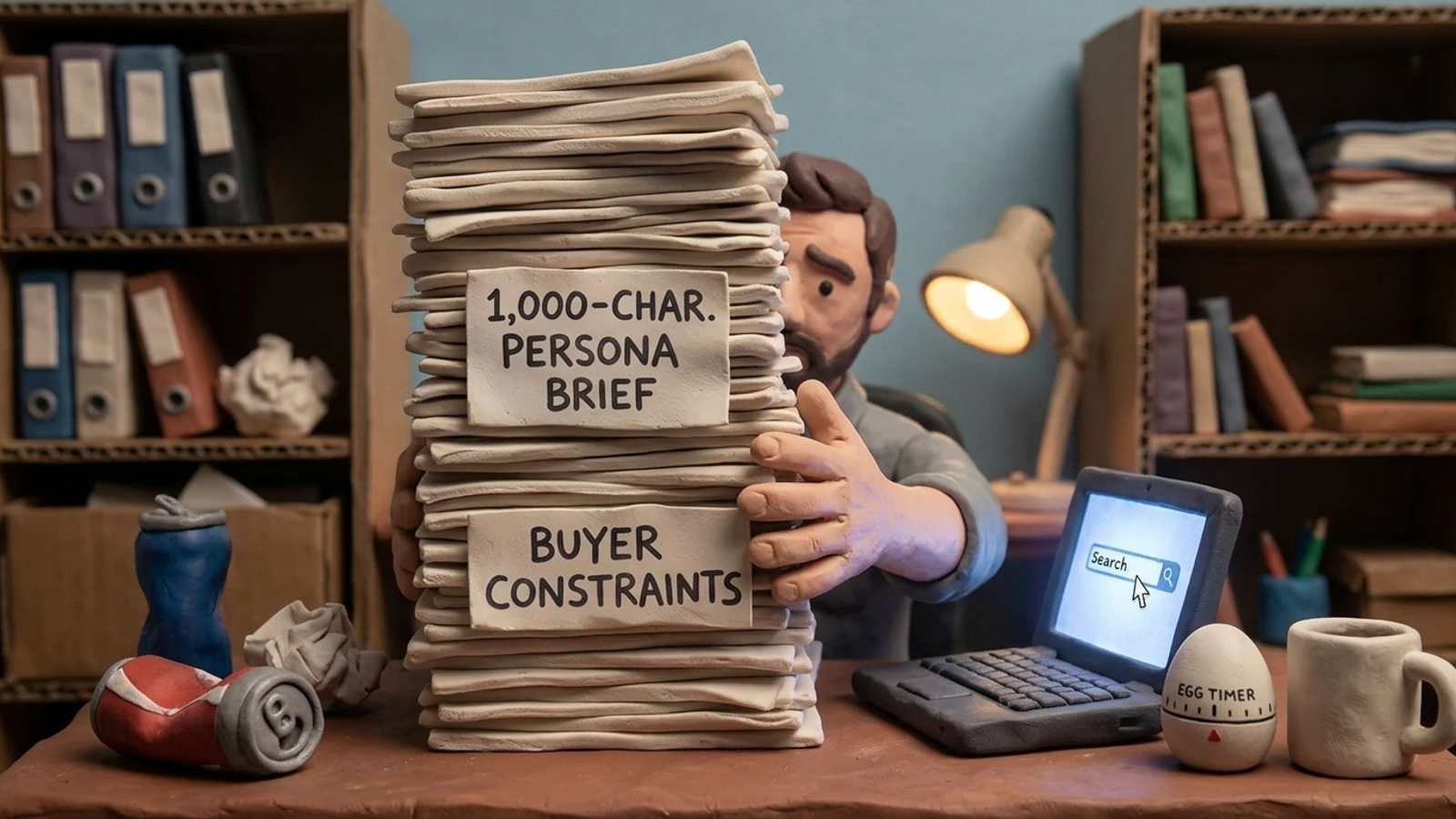 Claymation buyer pasting a giant persona brief into a tiny Google search box