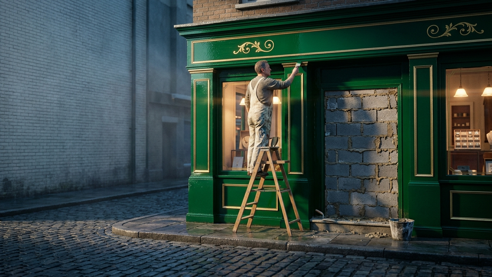 A shopkeeper on a ladder repaints a glossy green storefront while its front door is bricked shut, so no one can get in to see the new paint.
