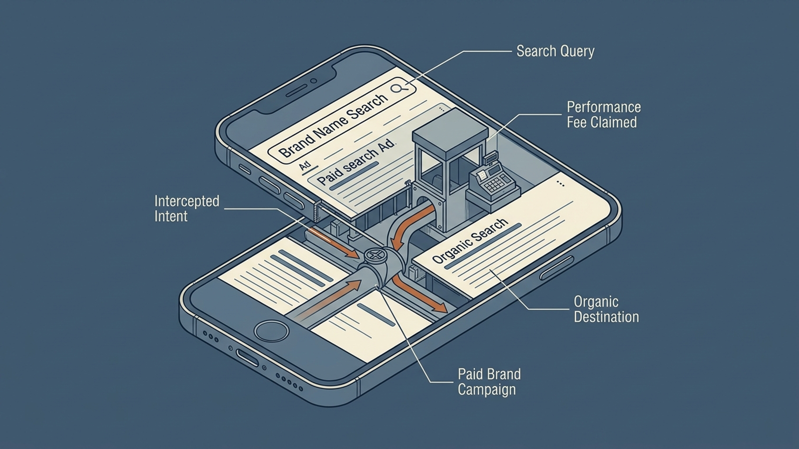A diagram showing existing brand demand passing through a paid-search tollbooth before conversion.