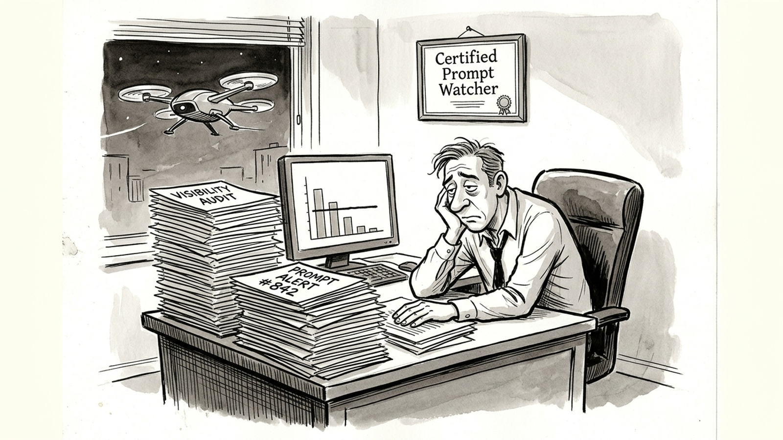 Agency account manager buried in audit reports while an autonomous drone passes the window