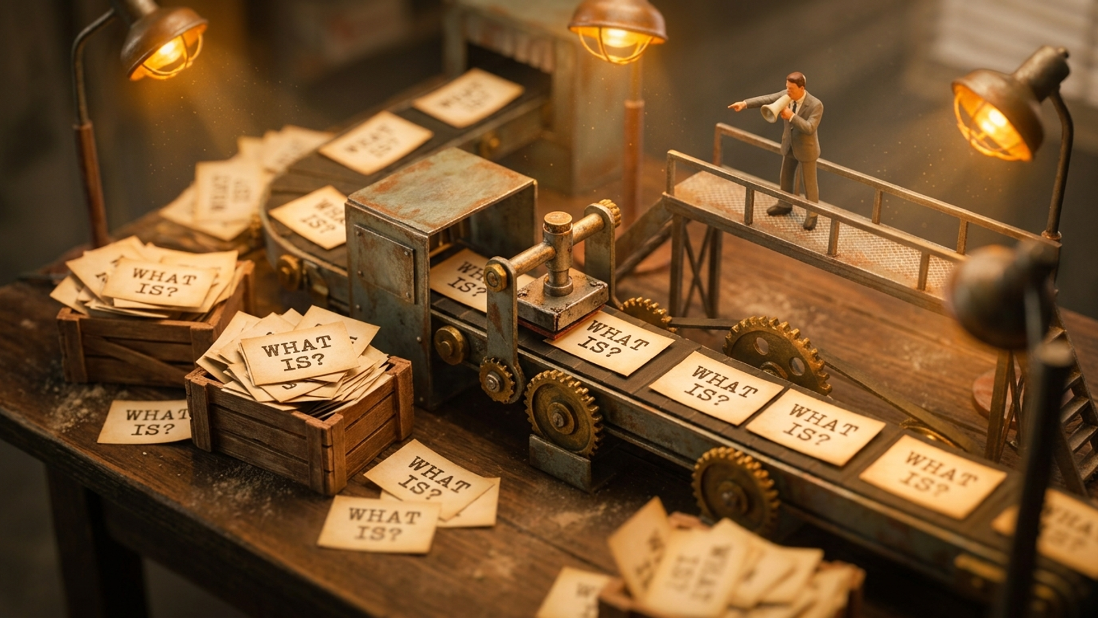 A miniature factory assembly line producing identical paper dictionary pages stamped “What Is.”