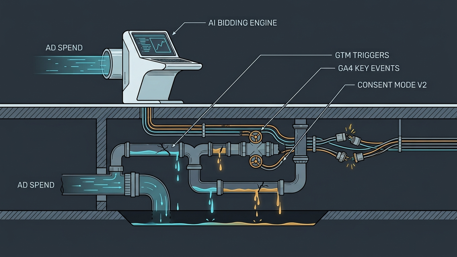 Cutaway diagram of an AI bidding engine above fractured conversion-tracking pipes leaking data.