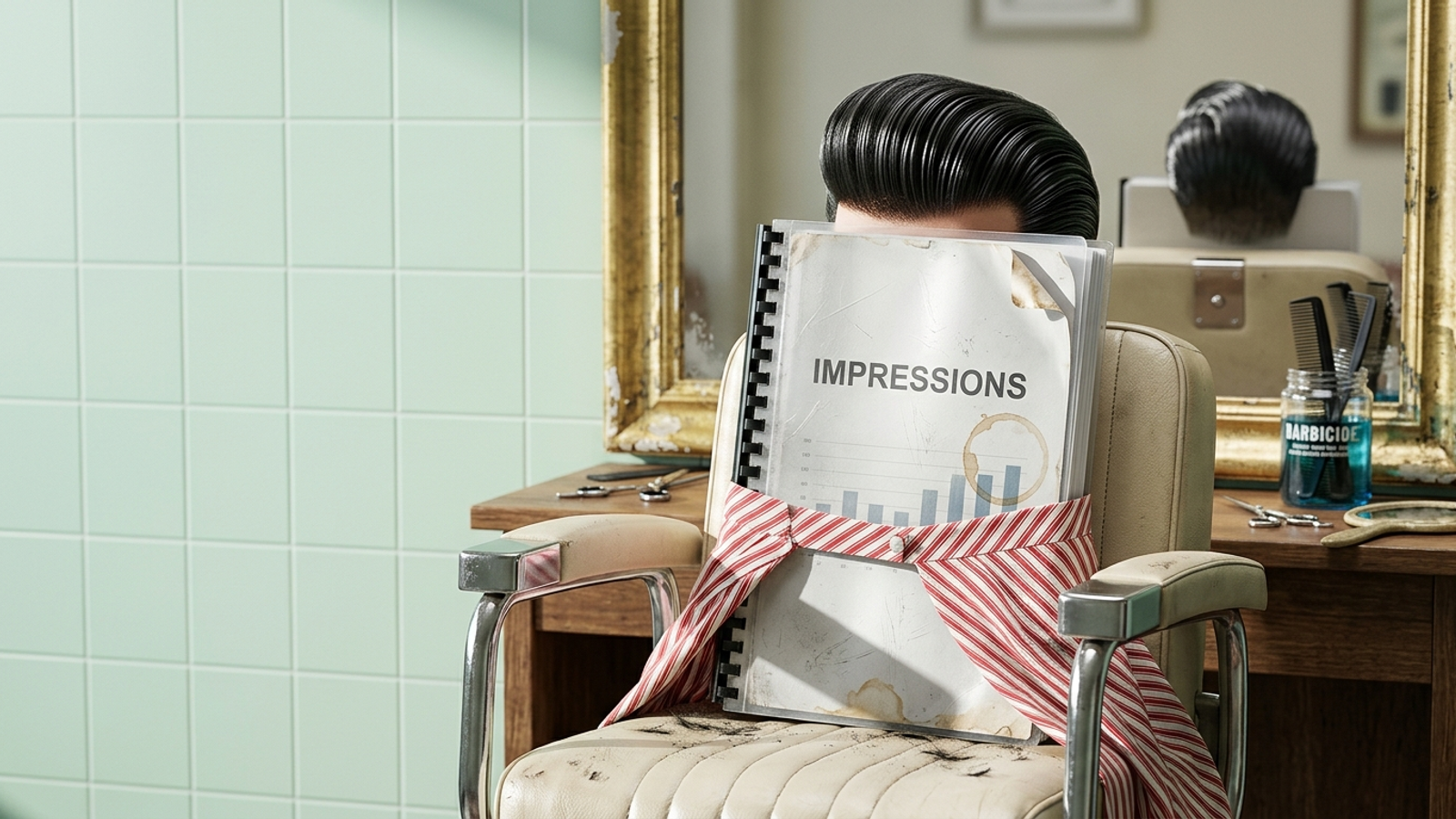 An old, coffee-stained impressions report sits in a barber chair sporting a slick new haircut, mocking AI visibility scores as rebranded old metrics.