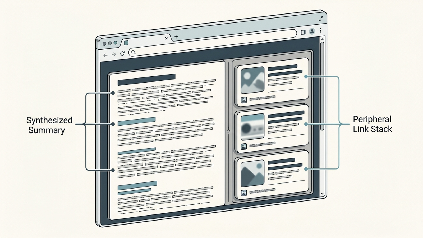 Early SGE desktop layout with a generated summary beside three large source cards.