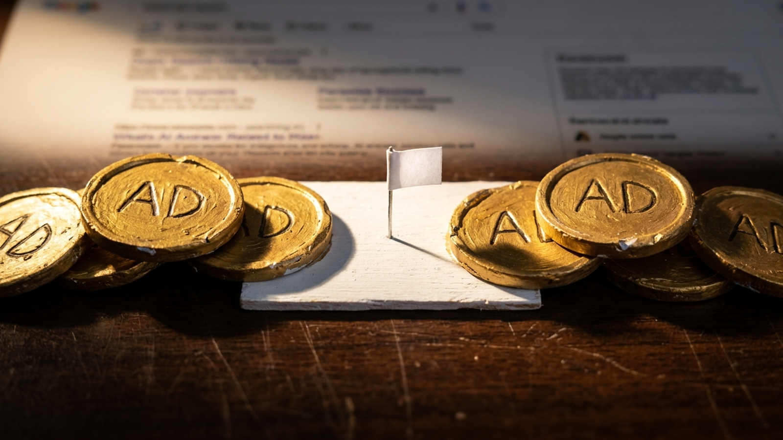 A small paper citation flag holds its ground beside ad coins in an AI answer box
