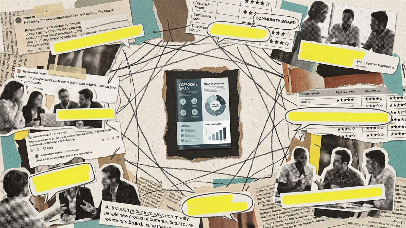 An isolated corporate brochure beside independent forum posts and review excerpts connected in a wider network.