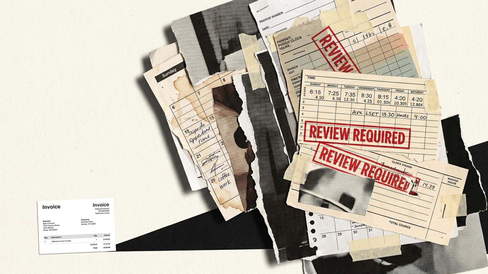 An invoice with a small software fee beside a tall stack of timecards and coffee-stained calendar pages.