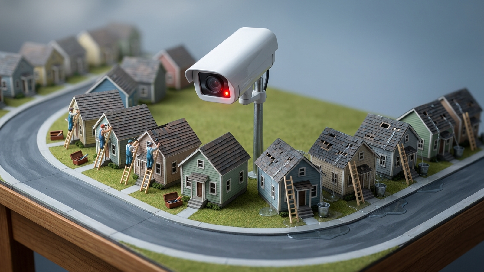 Model street of fifteen houses: workers fix the first five roofs, the rest leak into buckets while a giant security camera just watches.