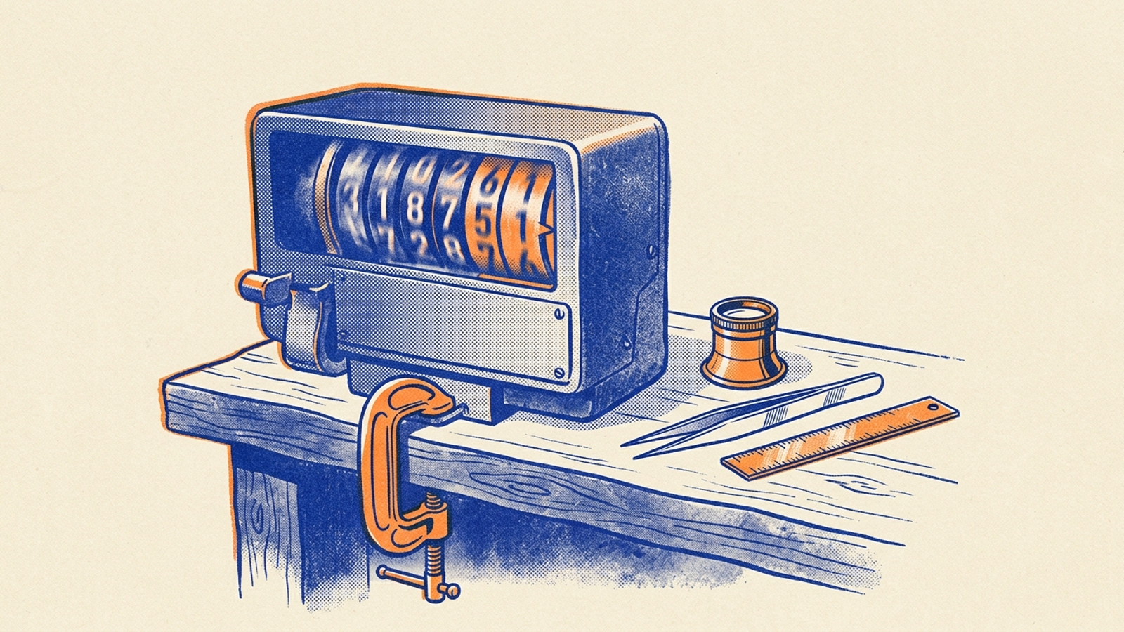 Illustration of a mechanical meter running on a stationary workbench beside idle tools.