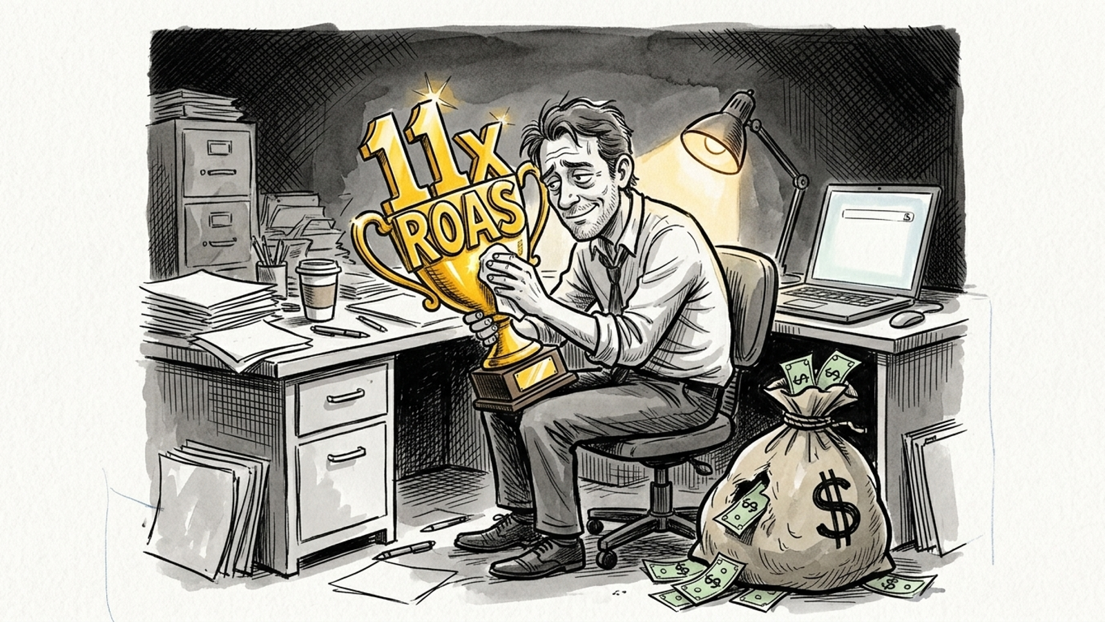 Marketer polishing a ROAS trophy while money leaks out behind it