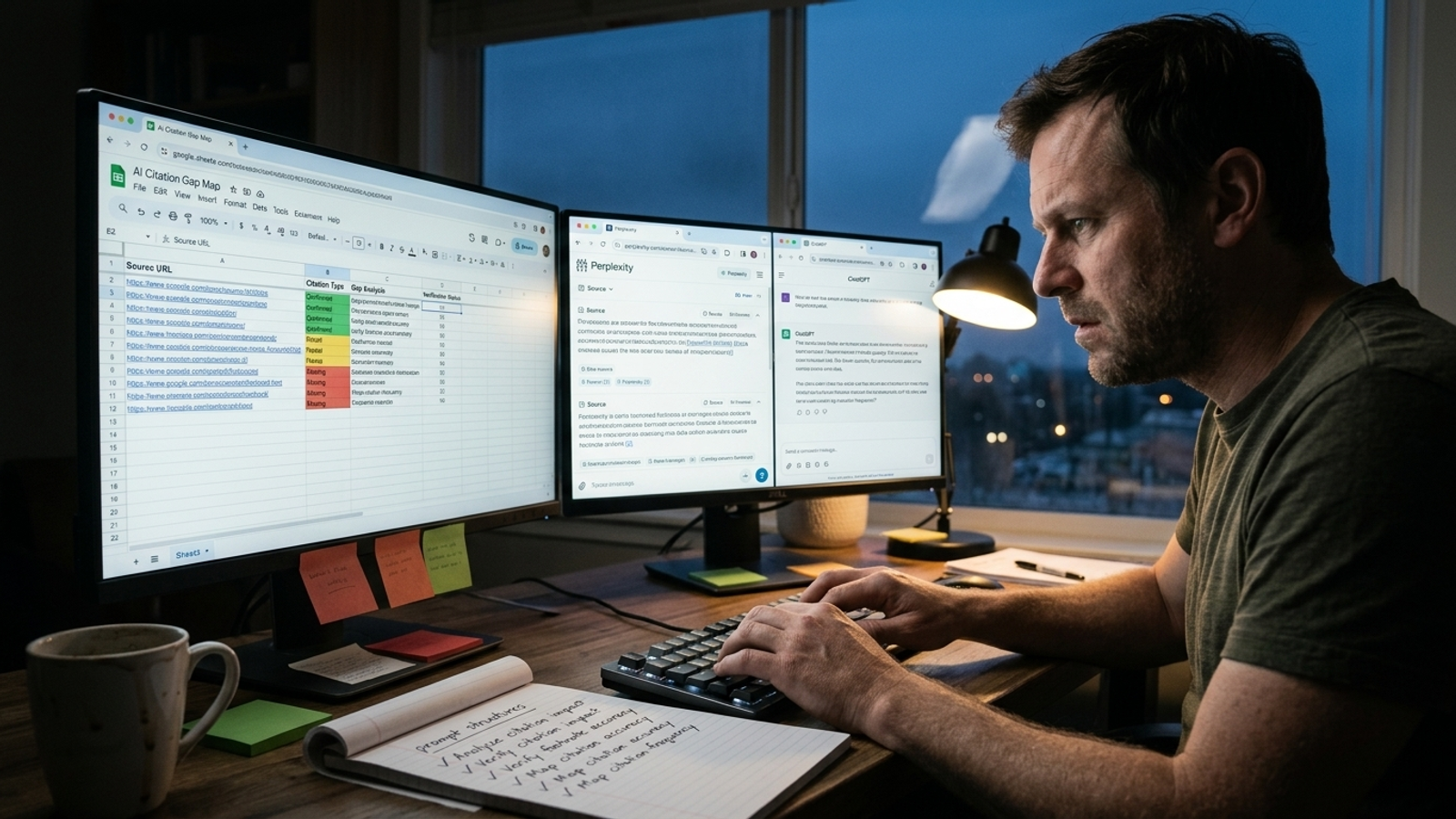 A Google Sheet citation map beside live AI answer citations on a dual-screen desk.