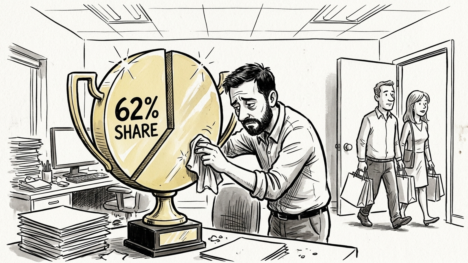 Pen-and-ink cartoon of a marketer polishing a pie-chart trophy while buyers walk past