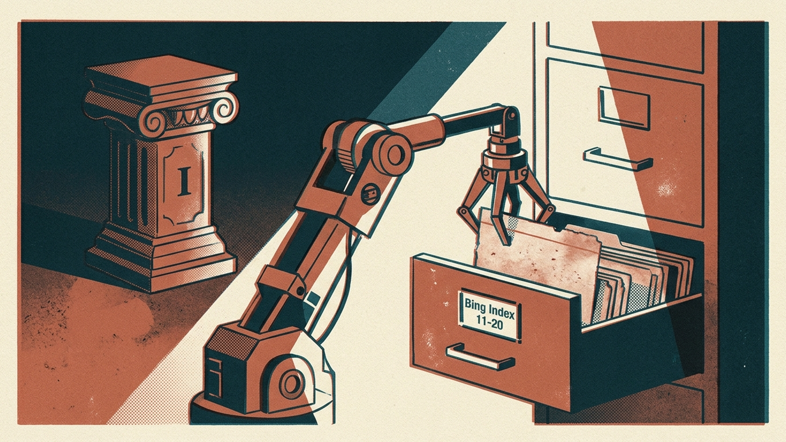 A Google search pedestal stands empty while a spotlight falls on overlooked index cards.
