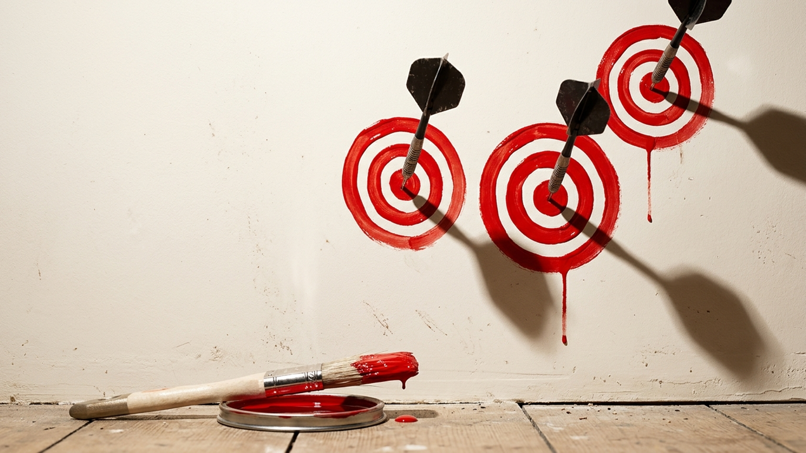 Darts stuck in a wall, each with a bullseye freshly painted around it and a wet brush below: a perfect score made by drawing the target afterwards.