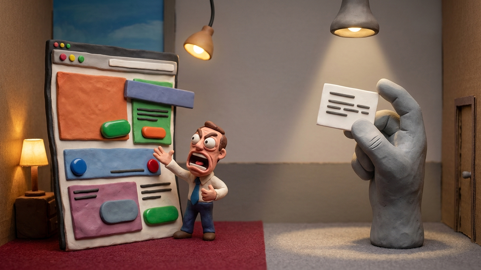 Claymation sales page shouting while a search engine lifts a plain answer card