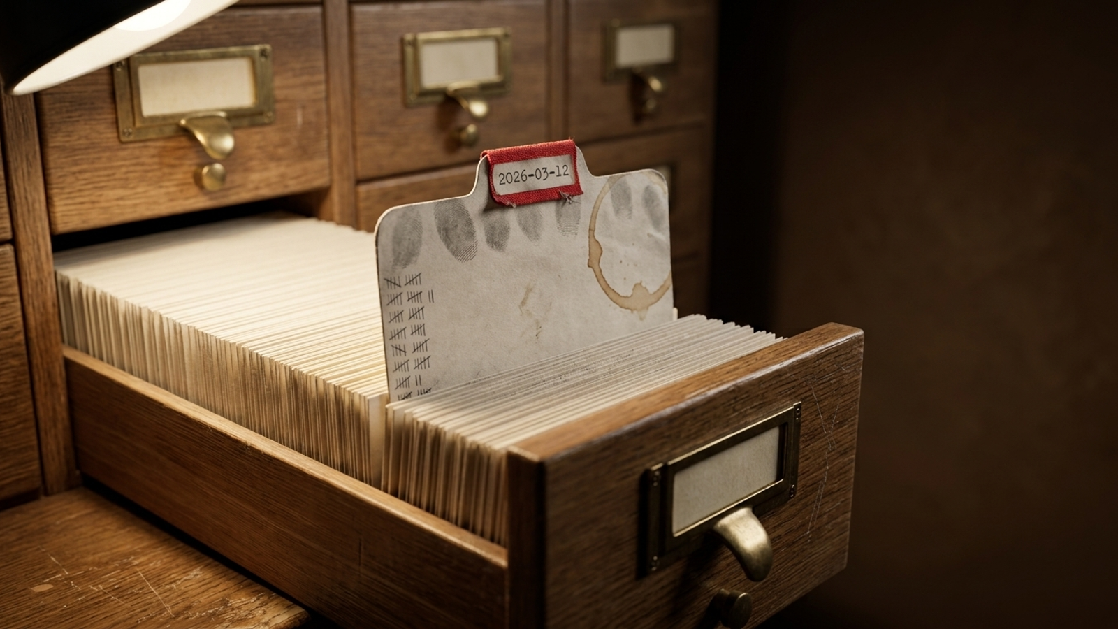 A card-catalogue drawer of pristine, dusty index cards with one plain dated card worn and thumbed from constant use, showing which page actually gets fetched.