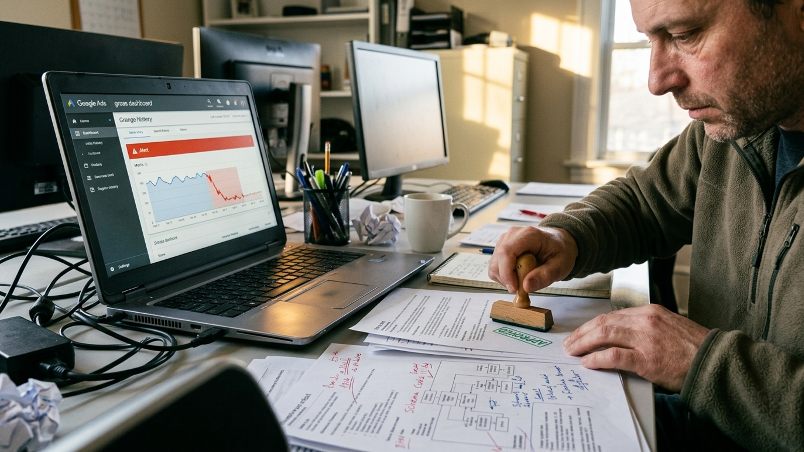 An alert dashboard beside a mechanism applying and publishing fixes.