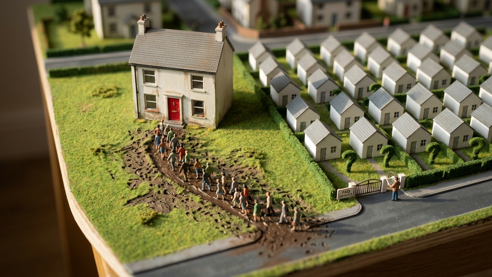 Model village: a deep muddy path trampled to one house's red door, while a neat estate of identical 'FAQ' houses beside it has untouched lawns.