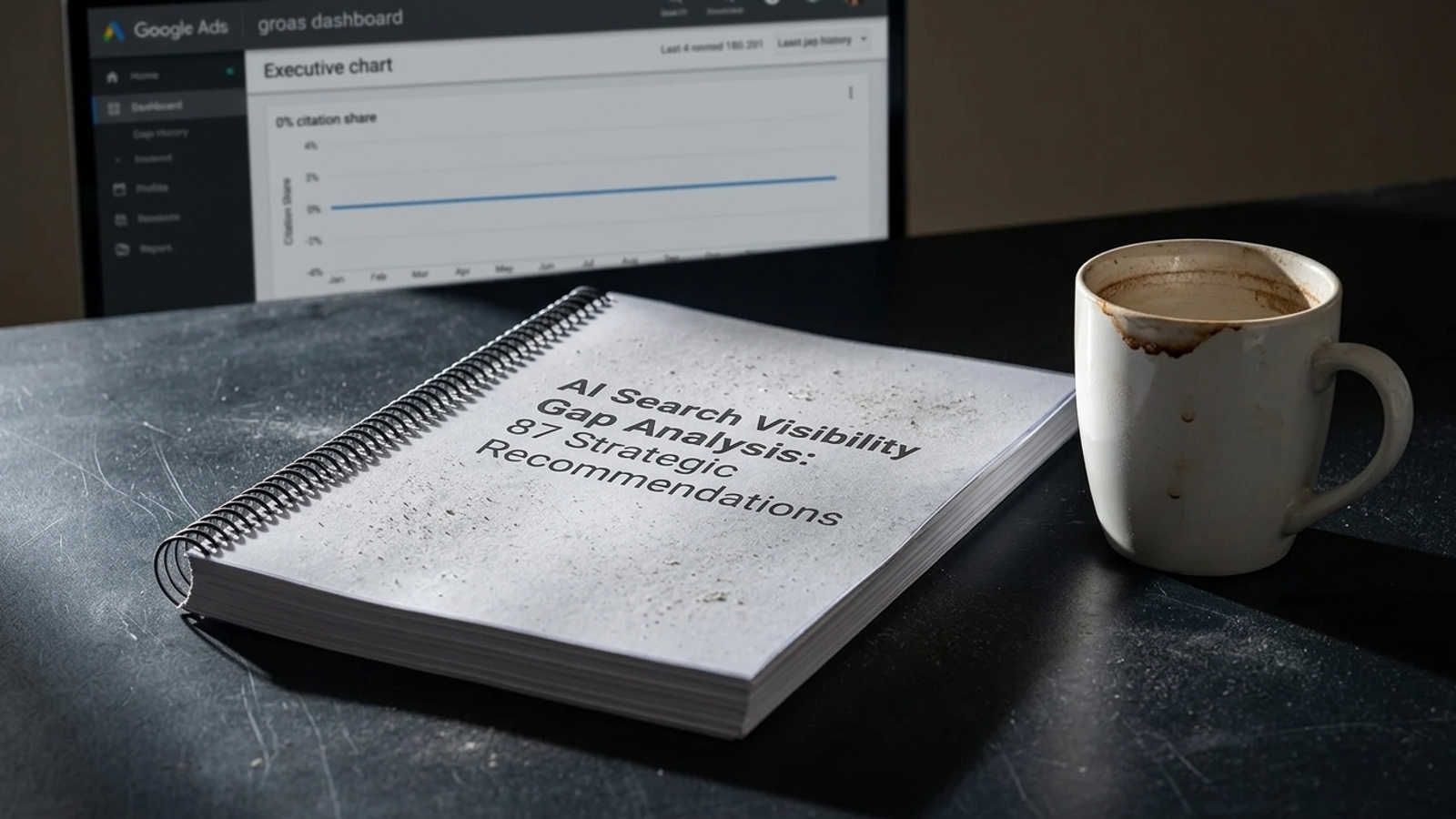 Spiral-bound audit report titled 87 Architectural Fixes gathering dust beside an untouched coffee mug.