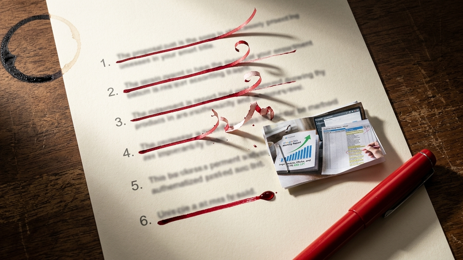 A proposal page with five of six lines struck out in red ink and peeling away, while only one line has a real published page stapled to it as proof of work.