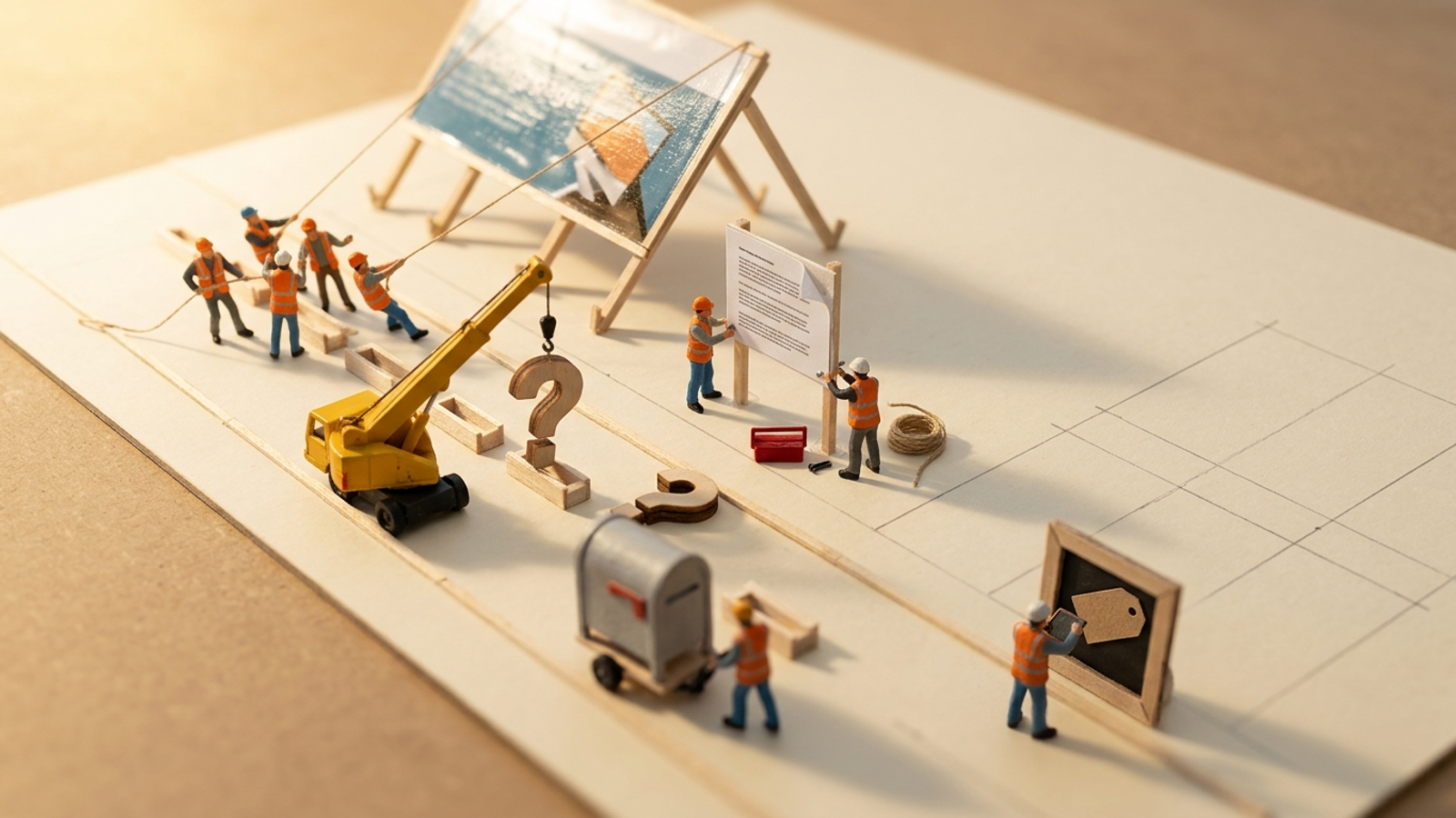 Tiny workers on a tabletop model of a web page shove a glossy hero banner aside to install a plain answer sign and question-mark headings beneath the headline.